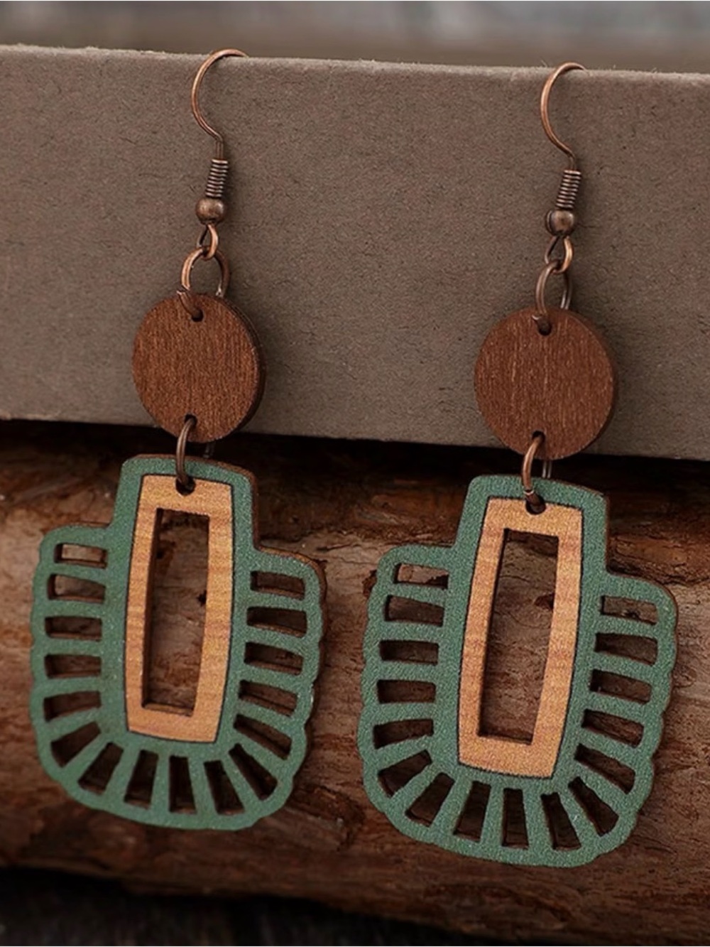 Teal & Natural Wood Cutout Drop Earrings - Lightweight Boho Style